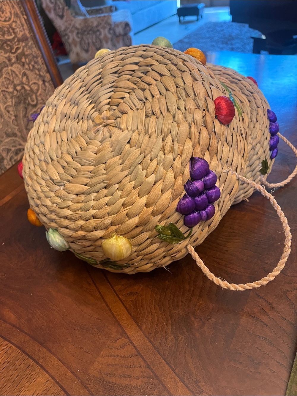 Hand Crafted Straw Nesting Baskets with Multicolor Embroidered Buds - Picture 3 of 9